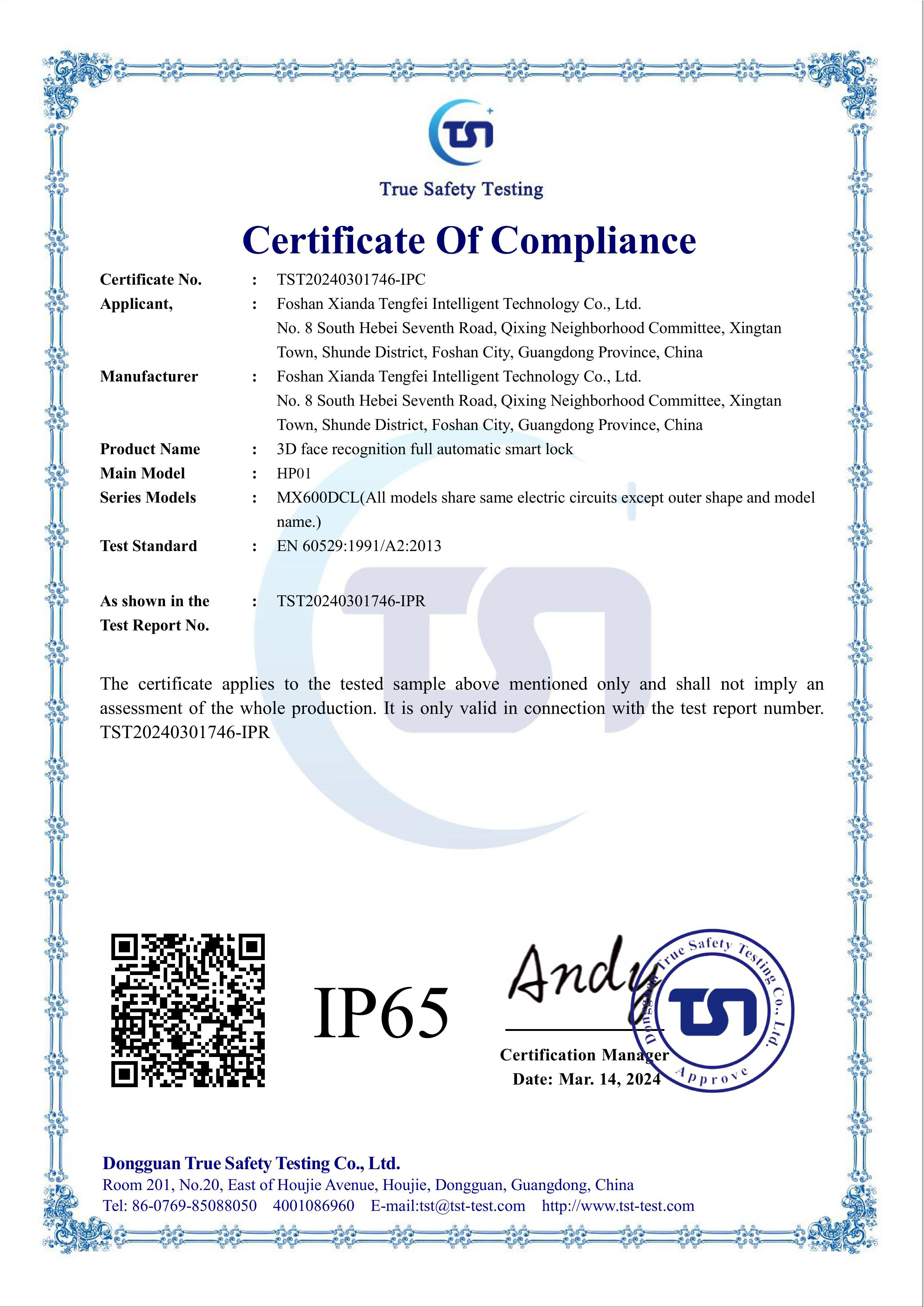 TST Certificate of Compliance — IP65 ingress protection (HP01) — document 1 of 3